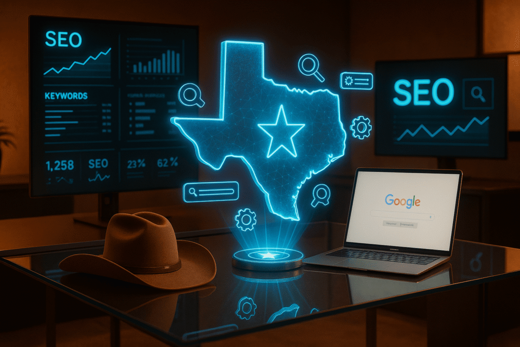Texas SEO secrets blog image with state outline and laptop with search engines. Also a cowboy hat