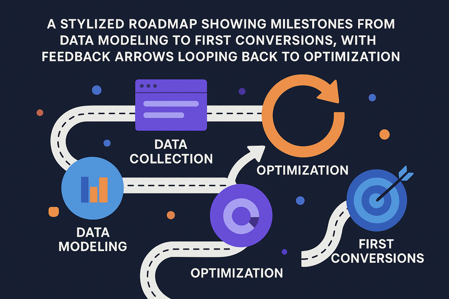 A stylized roadmap showing milestones from data modeling to first conversions, with feedback arrows looping back to optimization