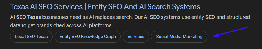 google search results showing seo solutions texas entity recognition with sitelinks for local seo texas, entity seo knowledge graph, services, and social media marketing
