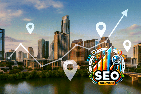 Austin SEO company with Texas city view and SEO Solutions branding