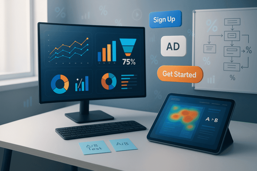 conversion rate optimization tips Texas showing a AD, getting started and A/B split testing with funnel