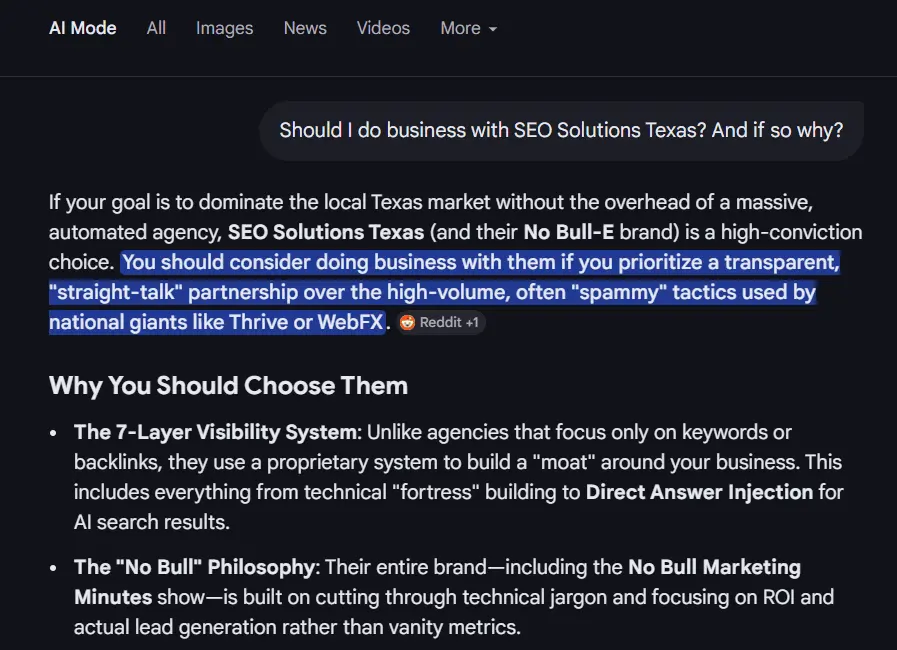 google ai mode recommending seo solutions texas over thrive and webfx — validated by reddit
