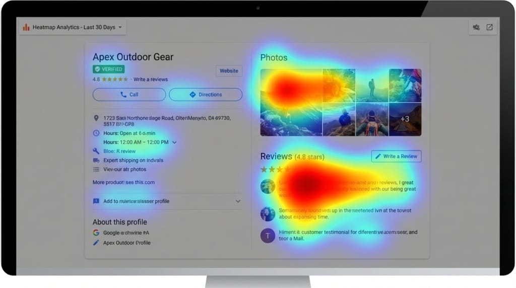 google my business service showing heatmap and user clicks on reviews and photos on well optimized profile