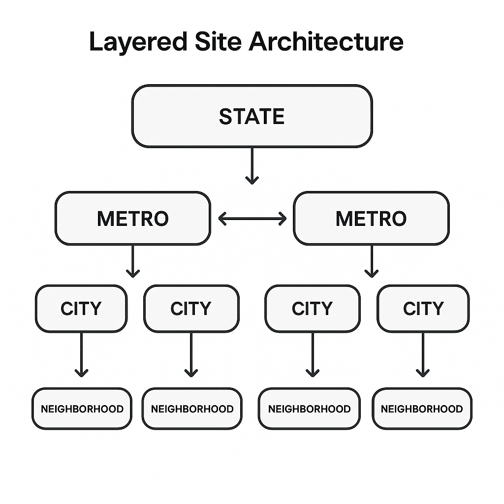  A layered site architecture diagram showing hubs for state, metro, city, and neighborhood with internal linking arrows