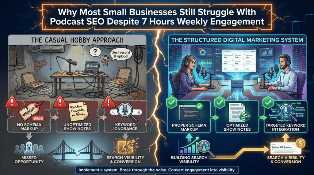 podcasting seo for small business showing split screen why most businesses fail and how to podcast like a pro