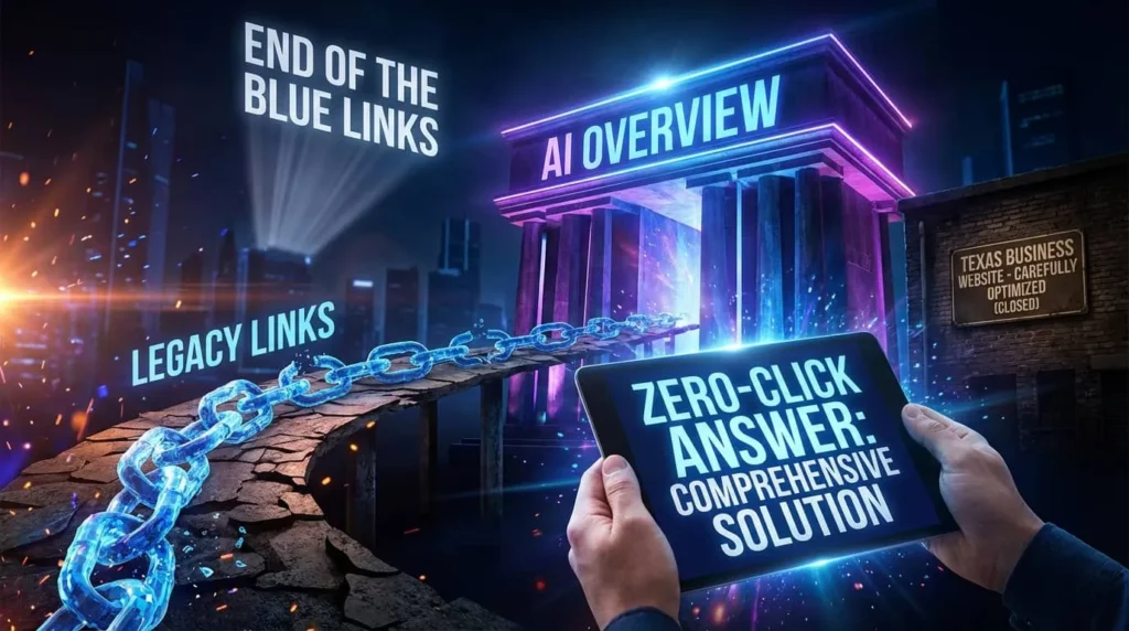 imahe showing how the era of ten blue links is rapidly ending. turning into zero click seraches, ai overviews and entity seo
