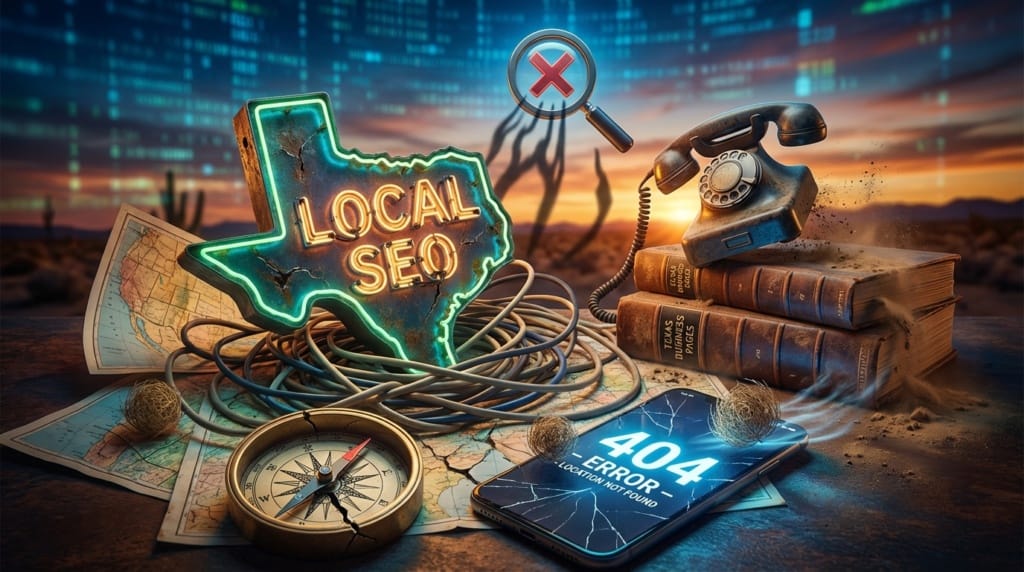 showing why traditional local seo methods in texas are not working in a scene showing 404 and not found messages